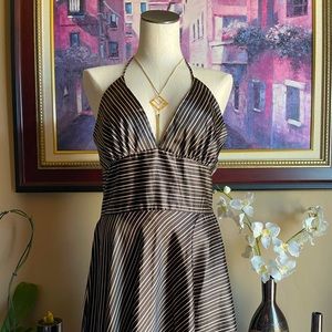 Vintage Alyn Paige Brown Gold Pinstripe Satin Halter Dress